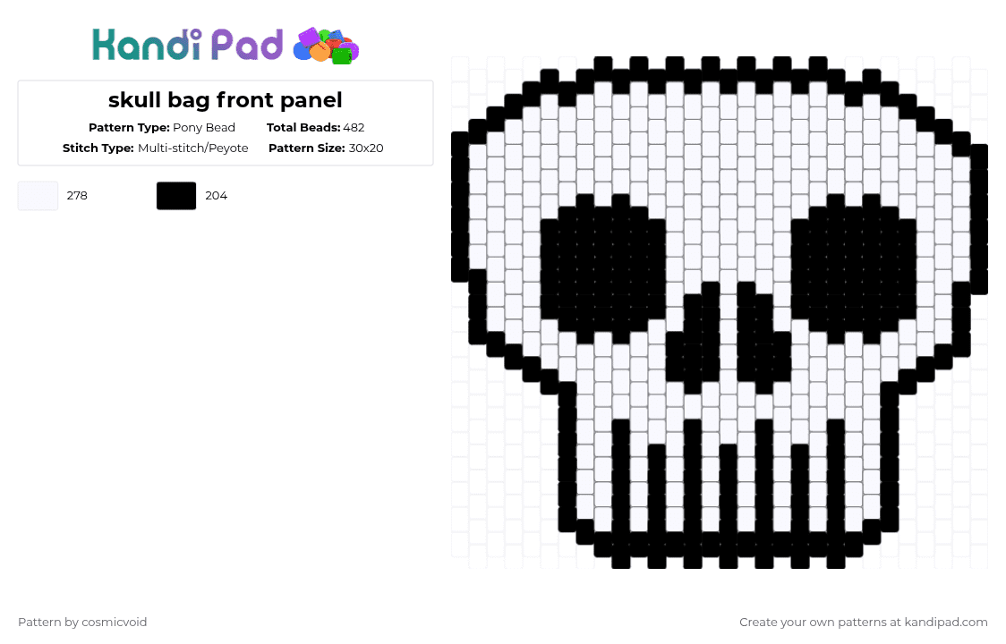 skull bag front panel - Pony Bead Pattern by cosmicvoid on Kandi Pad - black,white