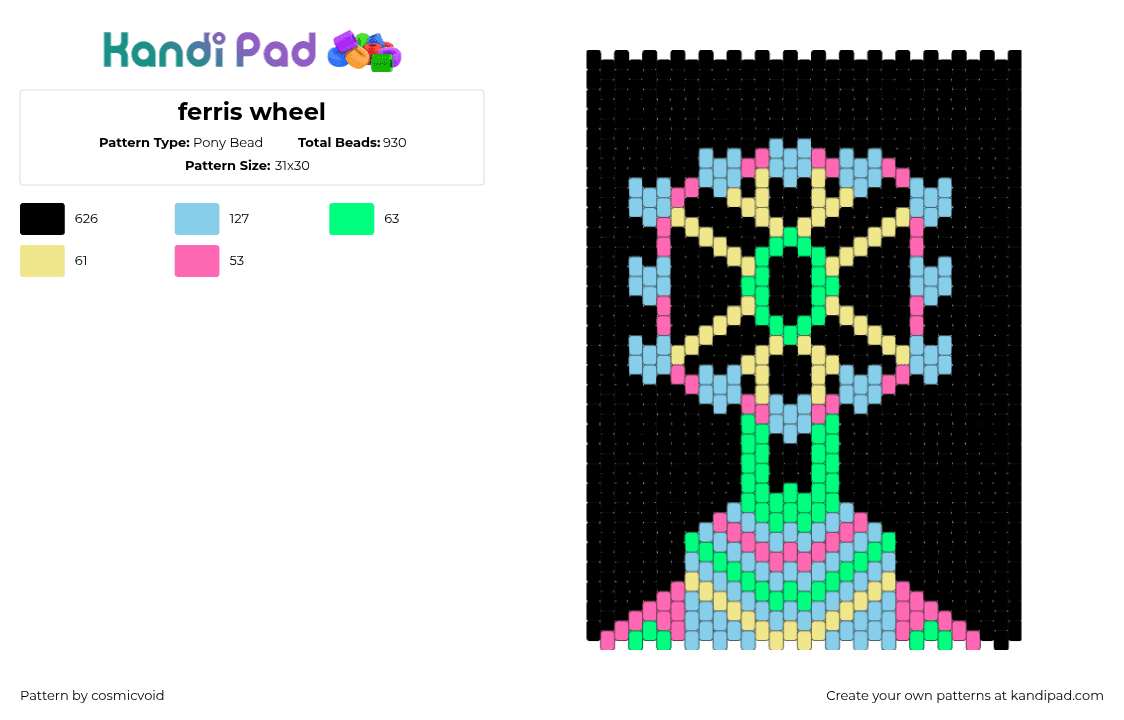 ferris wheel - Pony Bead Pattern by cosmicvoid on Kandi Pad - ferris wheel,neon,fair,amusement park,glow,panel,green,black,pink,blue