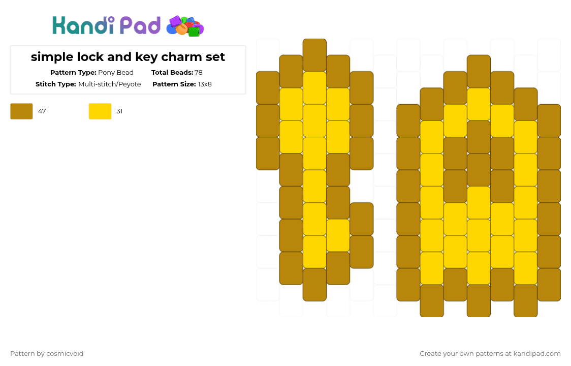 simple lock and key charm set - Pony Bead Pattern by cosmicvoid on Kandi Pad - yellow,gold,cotdkeys