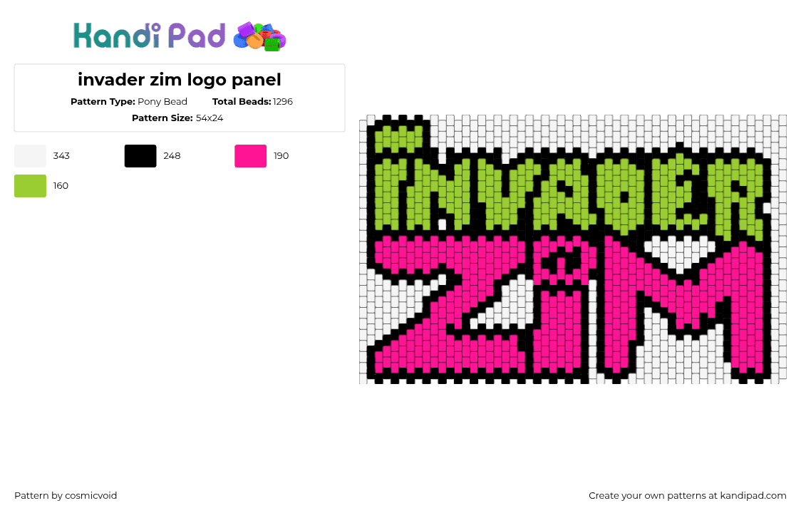 invader zim logo panel - Pony Bead Pattern by cosmicvoid on Kandi Pad - invader zim,logo,text,cartoon,tv show,sign,green,pink