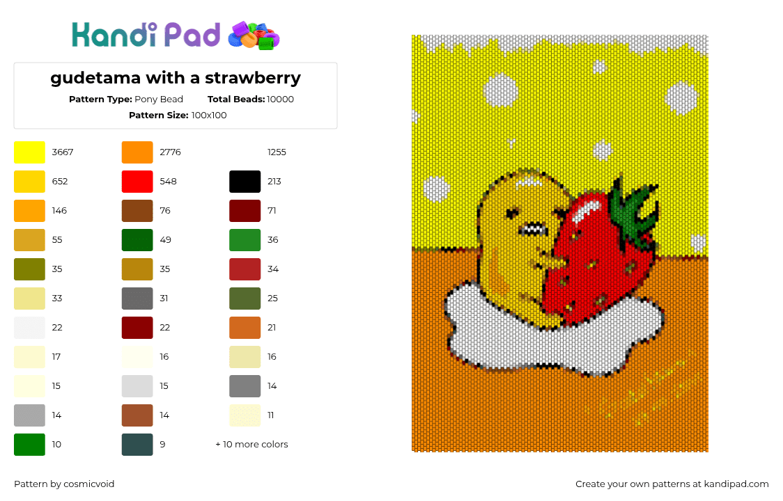 gudetama with a strawberry - Pony Bead Pattern by cosmicvoid on Kandi Pad - gudetama,sanrio,strawberry,panel,yellow,orange