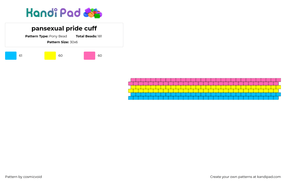 pansexual pride cuff - Pony Bead Pattern by cosmicvoid on Kandi Pad - pansexual,pride,cuff,pink,yellow,light blue