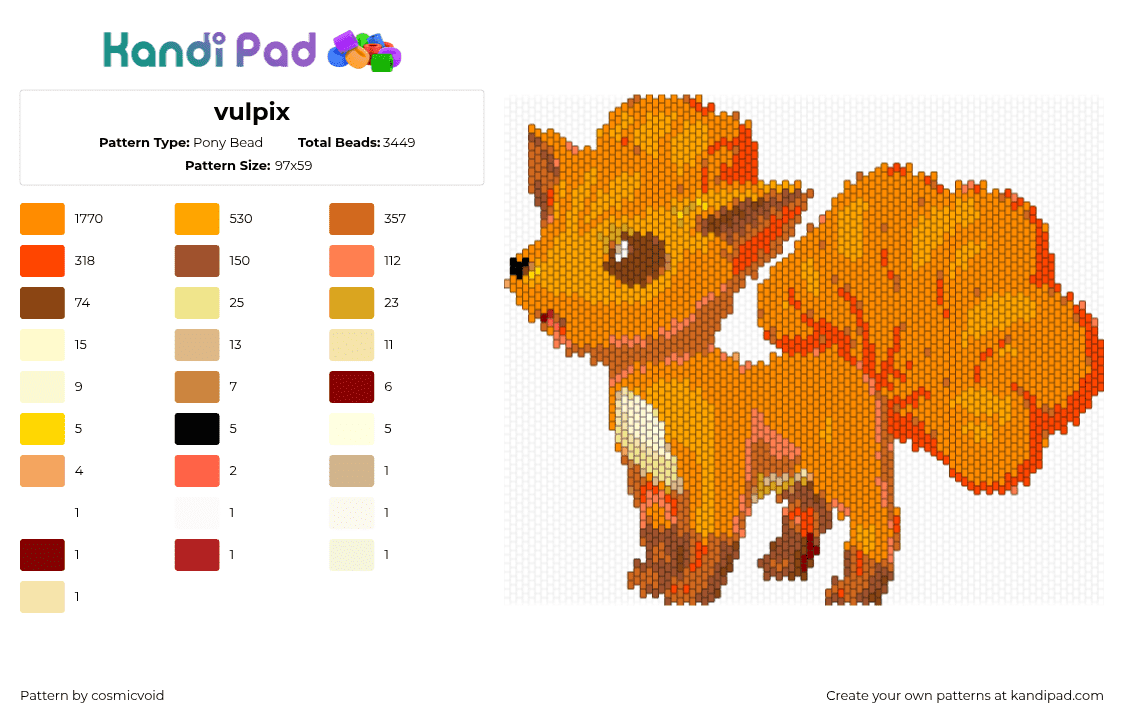 vulpix - Pony Bead Pattern by cosmicvoid on Kandi Pad - vulpix,pokemon,gaming,character,orange