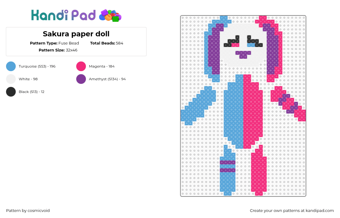 Sakura paper doll - Fuse Bead Pattern by cosmicvoid on Kandi Pad - sakura,bunny,doll,character,pink,blue