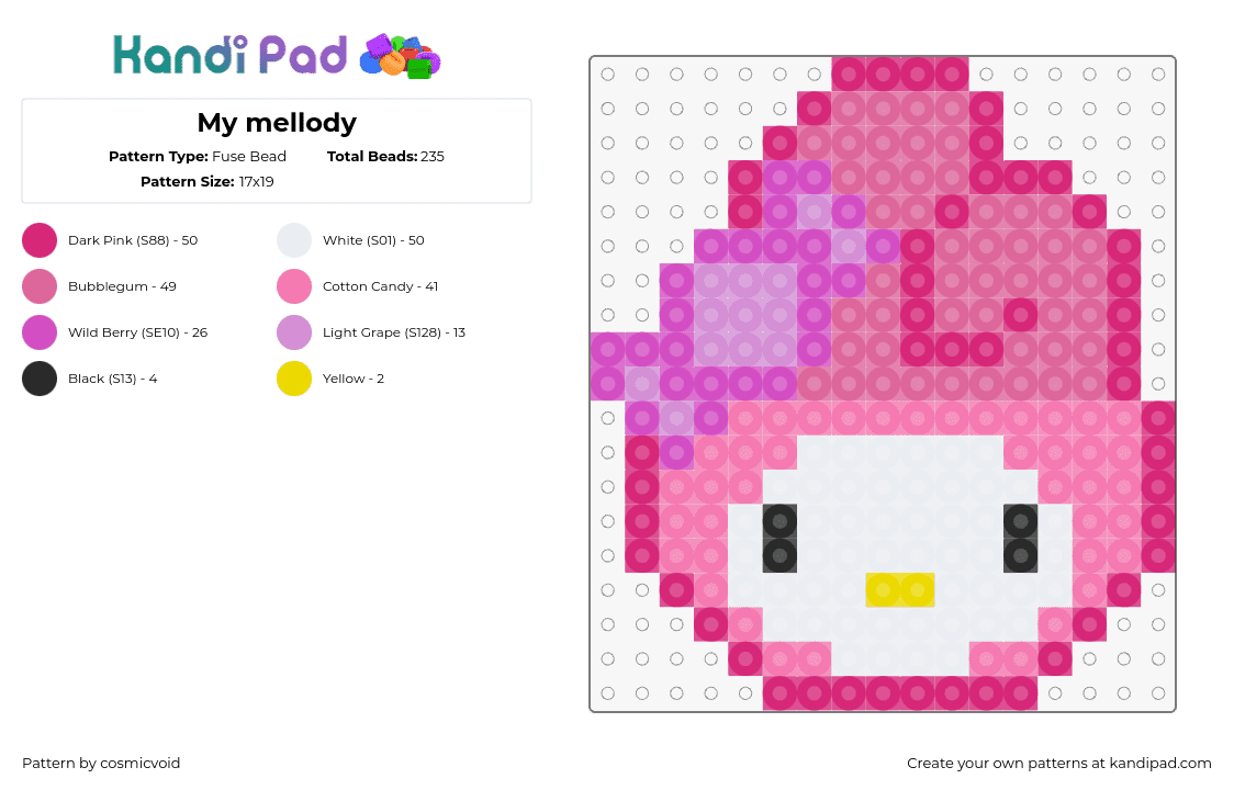 My mellody - Fuse Bead Pattern by cosmicvoid on Kandi Pad - my melody,sanrio,kawaii,character,head,pink,white