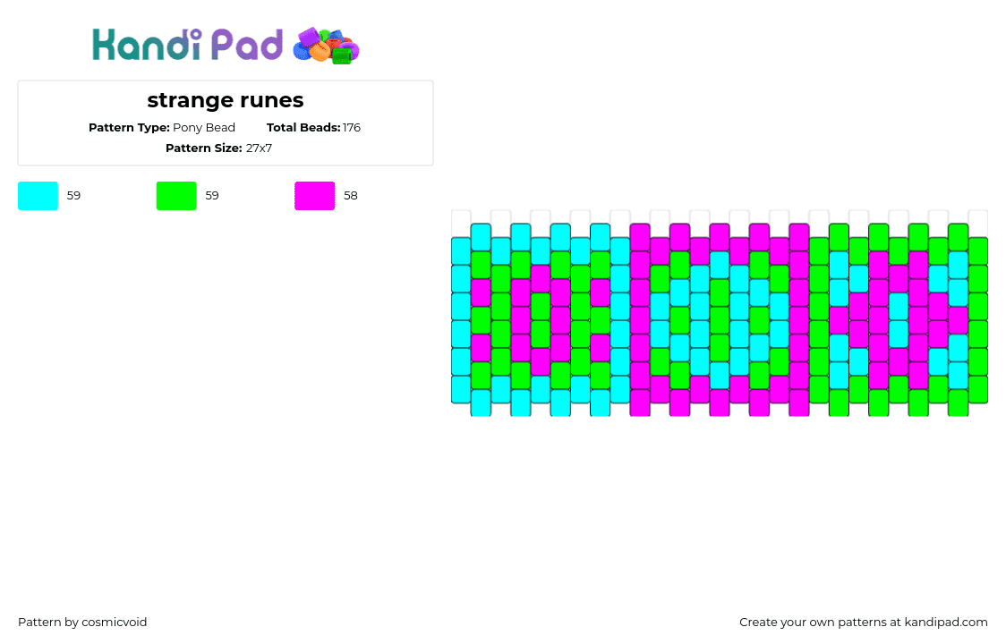 strange runes - Pony Bead Pattern by cosmicvoid on Kandi Pad - runes,neon,symbols,bright,cuff,geometric,teal,pink,green,light blue