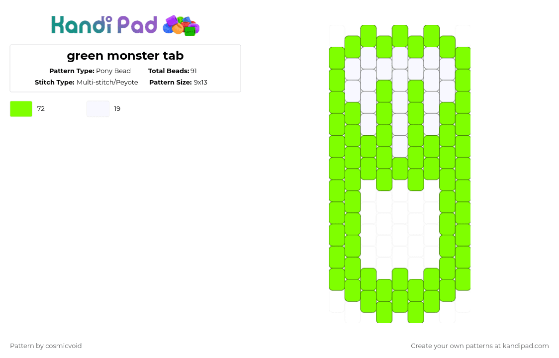 green monster tab - Pony Bead Pattern by cosmicvoid on Kandi Pad - 