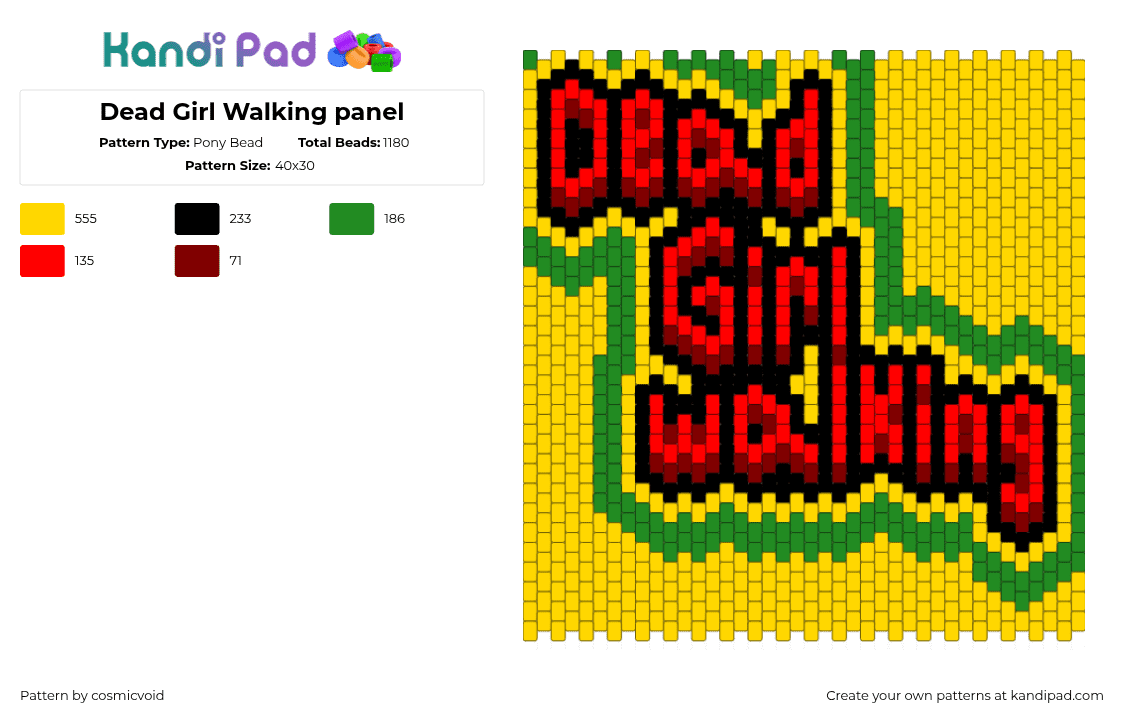 Dead Girl Walking panel - Pony Bead Pattern by cosmicvoid on Kandi Pad - yellow