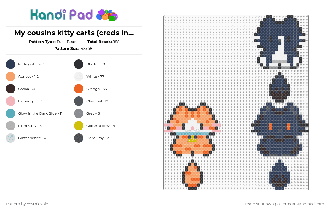 My cousins kitty carts (creds in disc) - Fuse Bead Pattern by cosmicvoid on Kandi Pad - orange,purple,remix,cat,cute,chibi