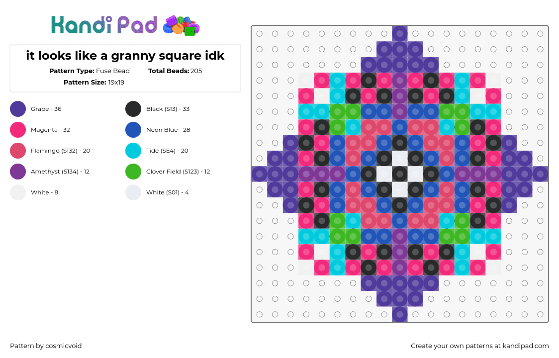 it looks like a granny square idk - Fuse Bead Pattern by cosmicvoid on Kandi Pad - quilt,geometric,colorful,purple,pink,light blue