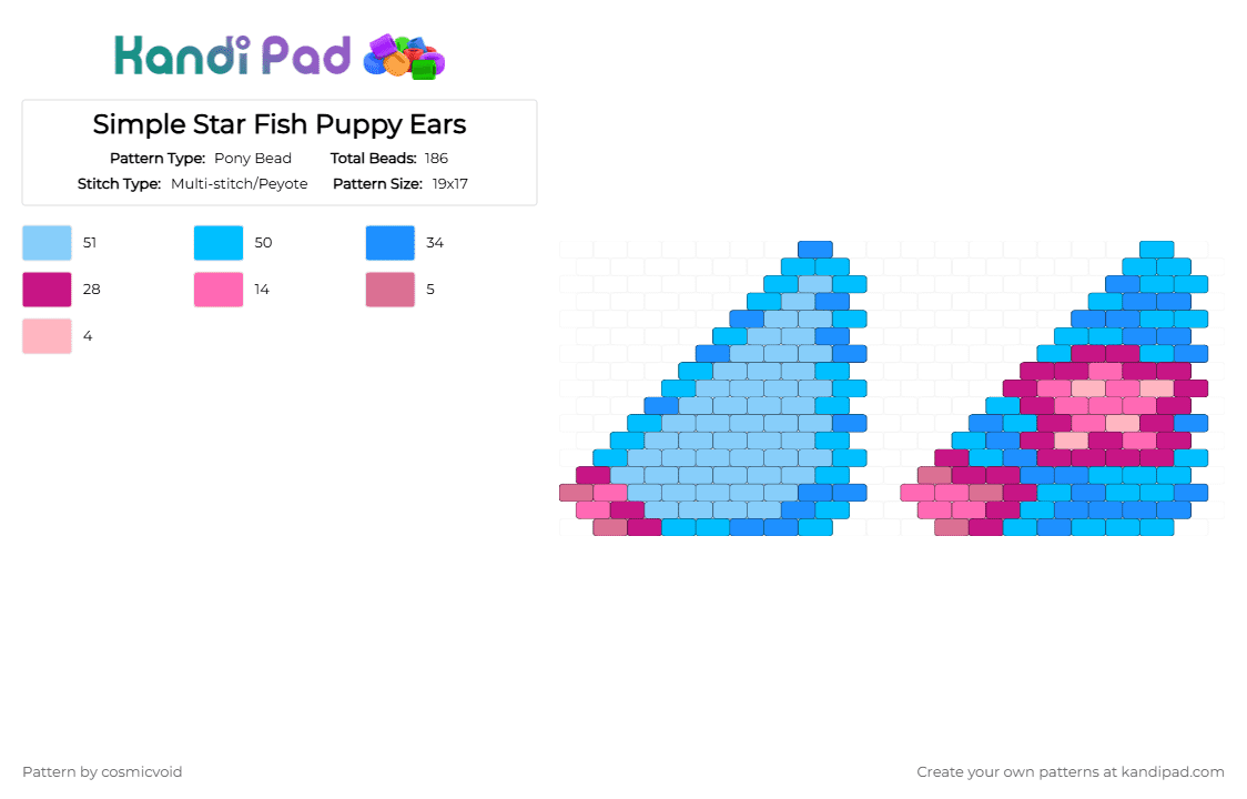 Simple Star Fish Puppy Ears - Pony Bead Pattern by cosmicvoid on Kandi Pad - cotdstarfish, ears, light blue, pink, puppy ears