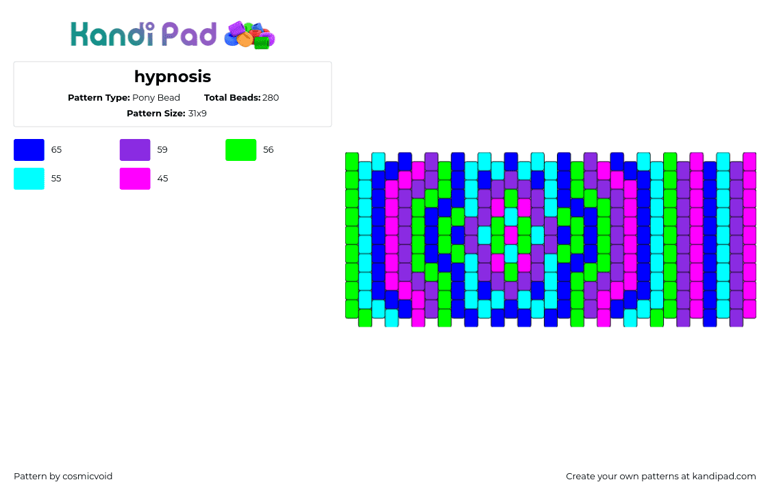 hypnosis - Pony Bead Pattern by cosmicvoid on Kandi Pad - trippy,hypnotic,neon,colorful,cuff,green,pink,light blue