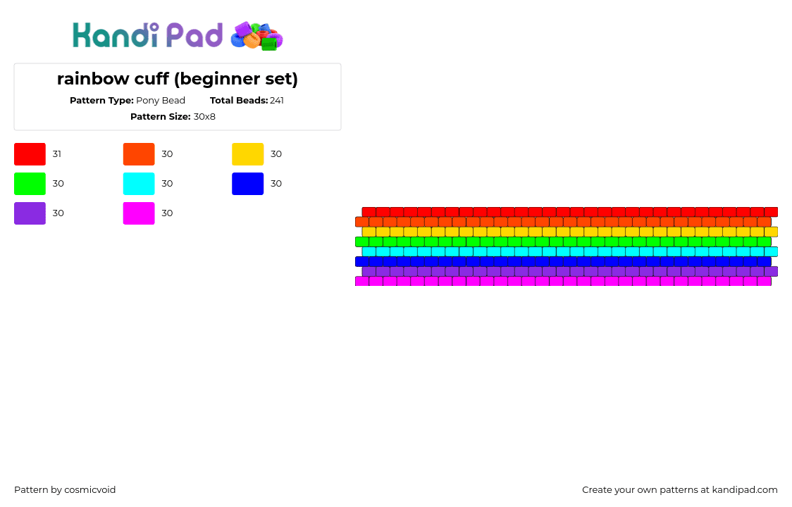 rainbow cuff (beginner set) - Pony Bead Pattern by cosmicvoid on Kandi Pad - rainbow,stripes,simple,cuff,red,teal,pink