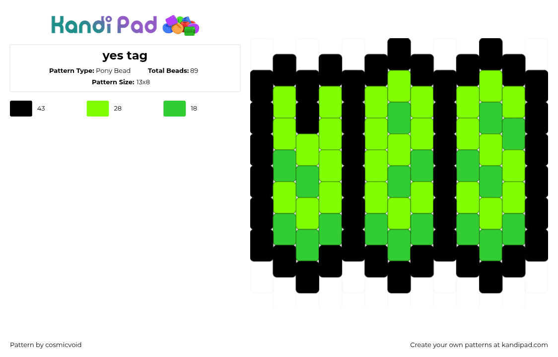 yes tag - Pony Bead Pattern by cosmicvoid on Kandi Pad - green,black