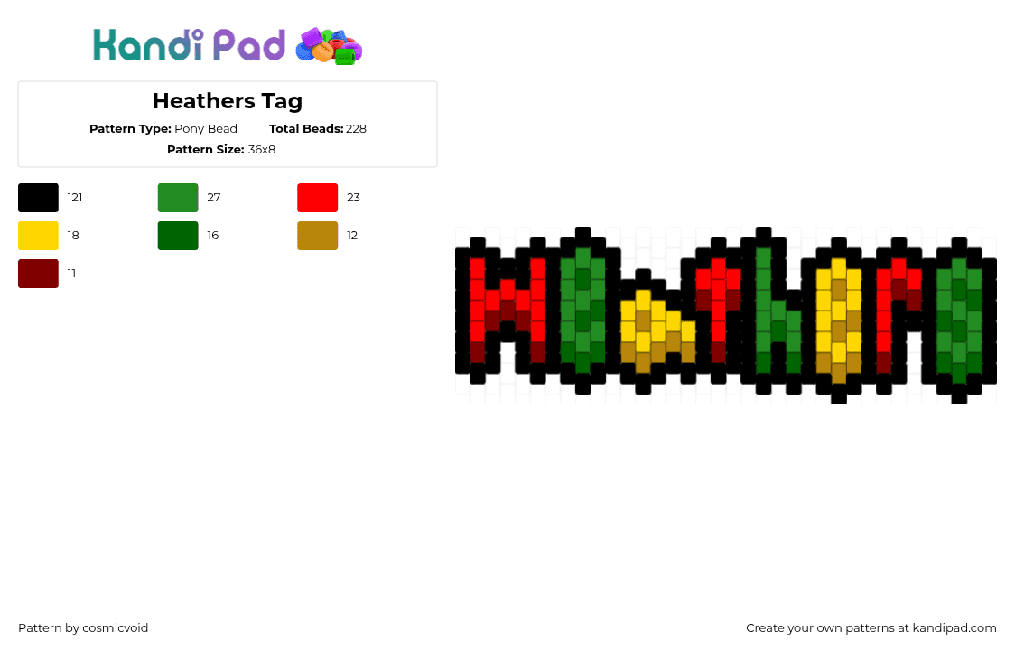 Heathers Tag - Pony Bead Pattern by cosmicvoid on Kandi Pad - black,red,green