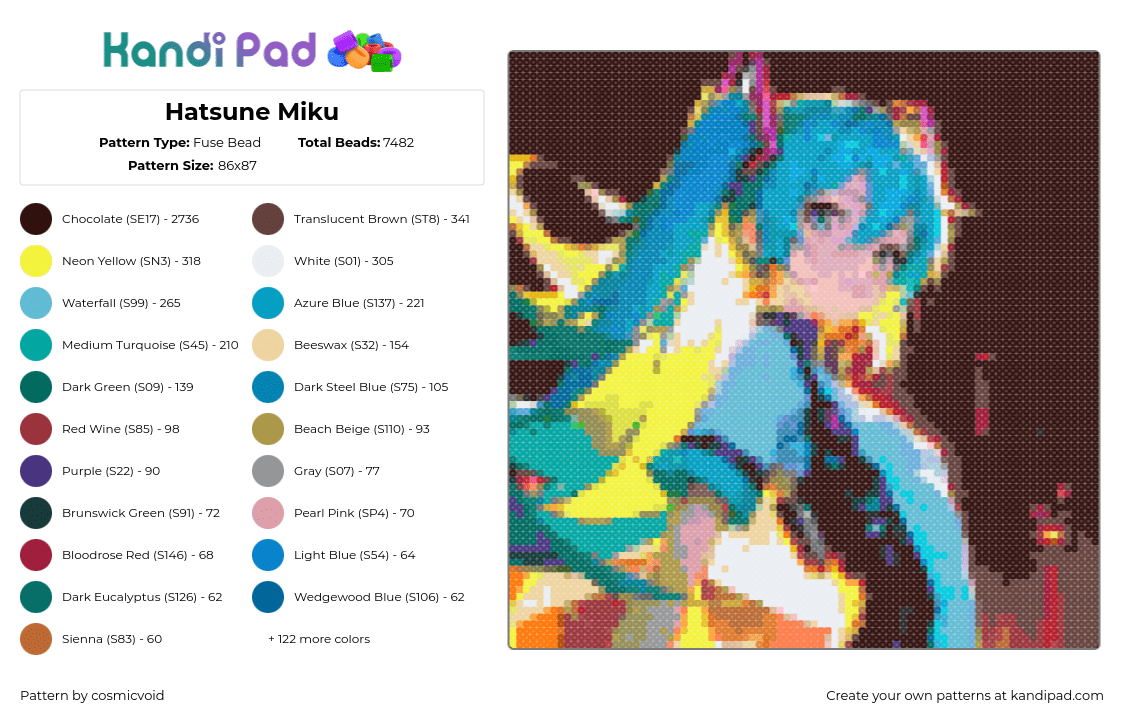 Hatsune Miku - Fuse Bead Pattern by cosmicvoid on Kandi Pad - hatsune miku,vocaloid,portrait,music,teal,brown