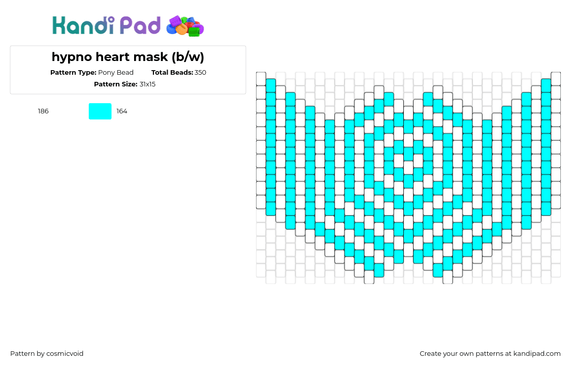 hypno heart mask (b/w) - Pony Bead Pattern by cosmicvoid on Kandi Pad - hypnotic,heart,neon,stripes,mask,trippy,white,light blue