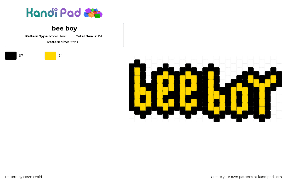 bee boy - Pony Bead Pattern by cosmicvoid on Kandi Pad - bee boy,text,charm,yellow,black