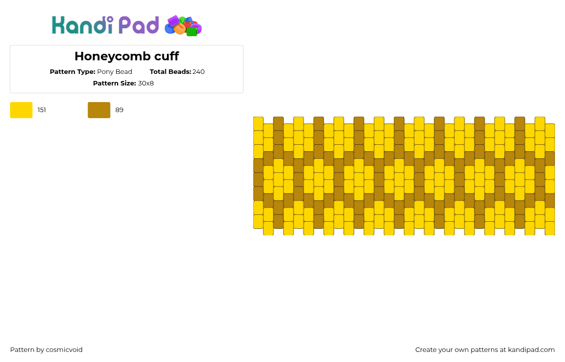 Honeycomb cuff - Pony Bead Pattern by cosmicvoid on Kandi Pad - honeycomb,geometric,bee,cuff,yellow