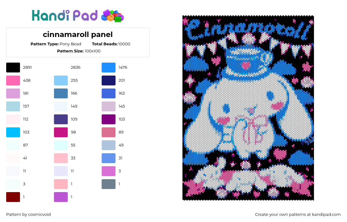 cinnamaroll panel - Pony Bead Pattern by cosmicvoid on Kandi Pad - cinnamoroll,sanrio,party,panel,character,kawaii,white,black,blue