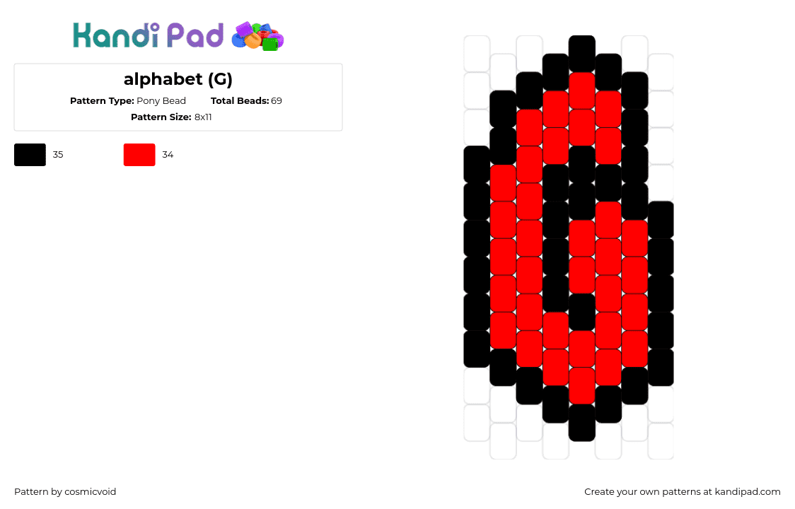 alphabet (G) - Pony Bead Pattern by cosmicvoid on Kandi Pad - g,alphabet,text,letter,charm,simple,red,black