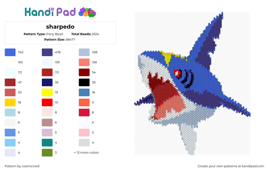 sharpedo - Pony Bead Pattern by cosmicvoid on Kandi Pad - sharpedo,pokemon,shark,character,gaming,blue,white