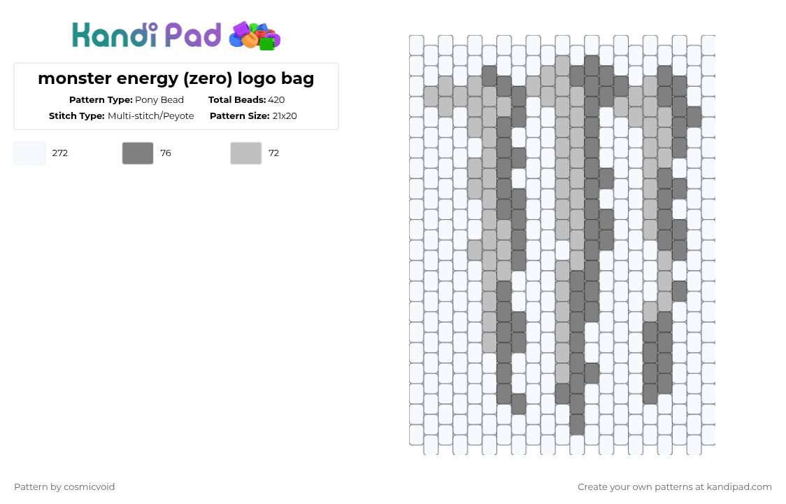 monster energy (zero) logo bag - Pony Bead Pattern by cosmicvoid on Kandi Pad - white,gray,beige
