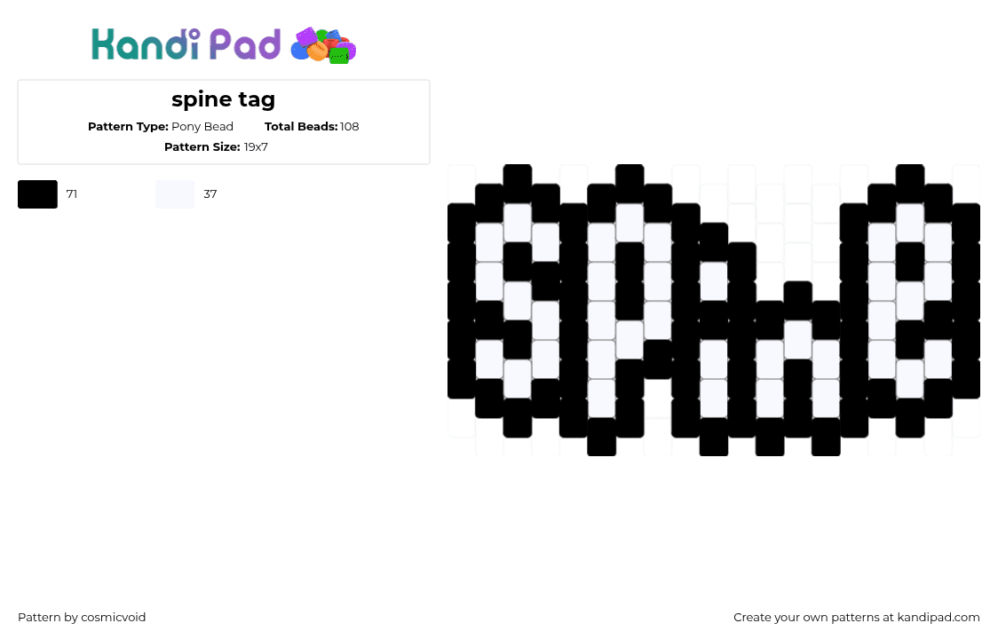 spine tag - Pony Bead Pattern by cosmicvoid on Kandi Pad - white,black