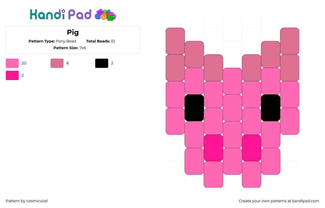 Pig - Pony Bead Pattern by cosmicvoid on Kandi Pad - pig,animal,farm,head,charm,pink