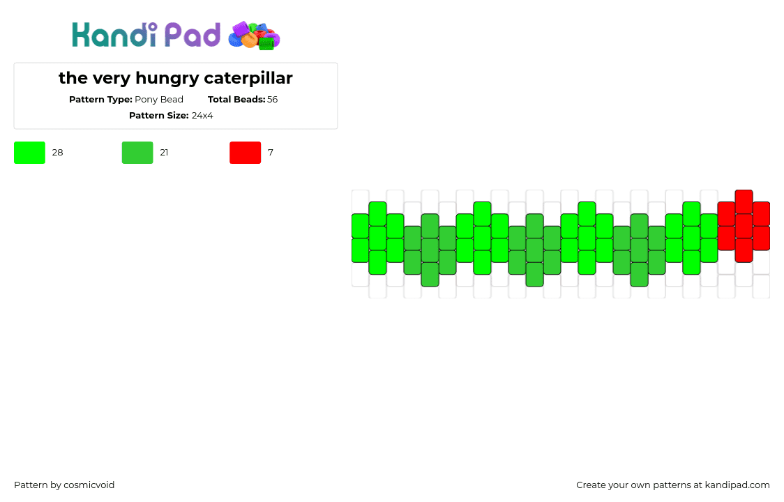 the very hungry caterpillar - Pony Bead Pattern by cosmicvoid on Kandi Pad - very hungry caterpillar,book,children,nostalgia,bracelet,cuff,simple,green,red
