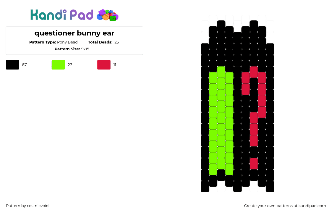 questioner bunny ear - Pony Bead Pattern by cosmicvoid on Kandi Pad - black,green,red