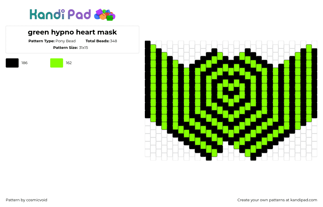 green hypno heart mask - Pony Bead Pattern by cosmicvoid on Kandi Pad - hypnotic,neon,heart,mask,trippy,black,green