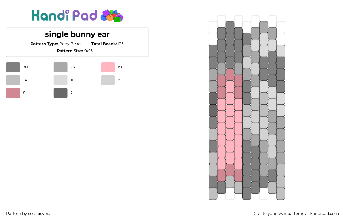 single bunny ear - Pony Bead Pattern by cosmicvoid on Kandi Pad - ear,bunny,rabbit,animal,gray,pink