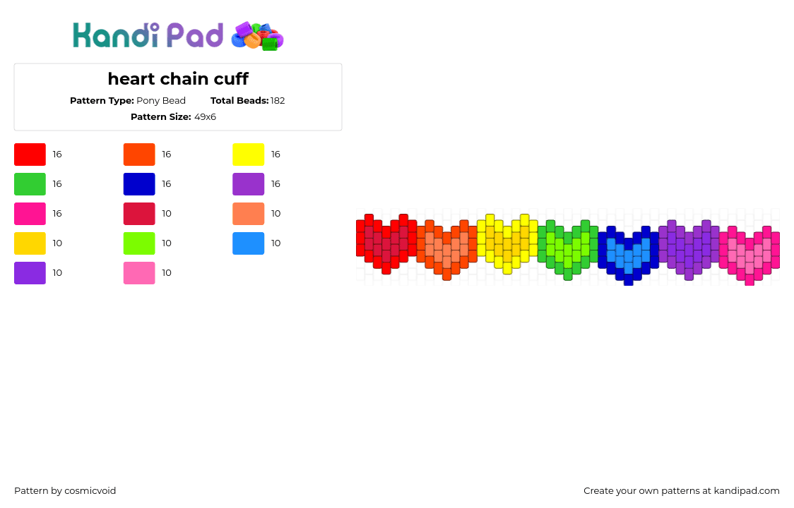 heart chain cuff - Pony Bead Pattern by cosmicvoid on Kandi Pad - hearts,chain,colorful,bracelet,cuff