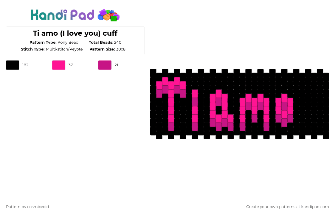 Ti amo (I love you) cuff - Pony Bead Pattern by cosmicvoid on Kandi Pad - black
