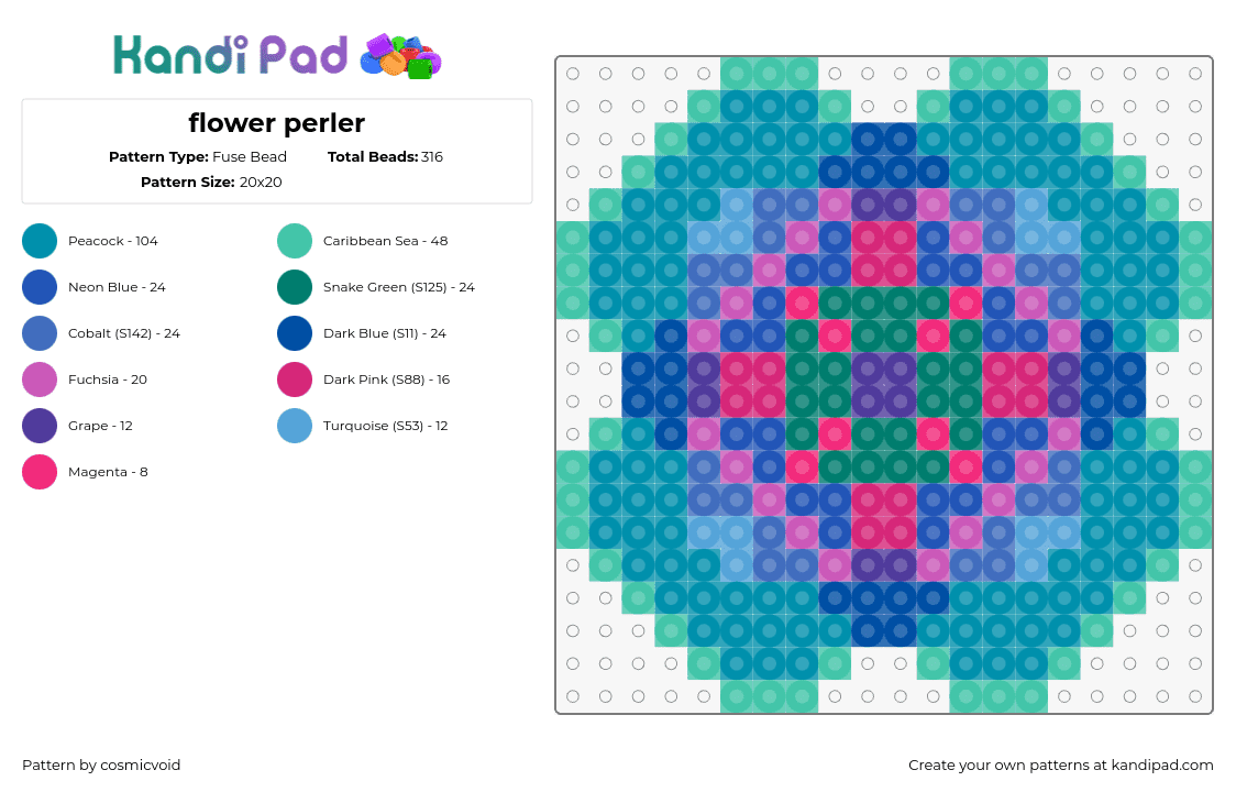 flower perler - Fuse Bead Pattern by cosmicvoid on Kandi Pad - flower,colorful,petals,teal,pink,green