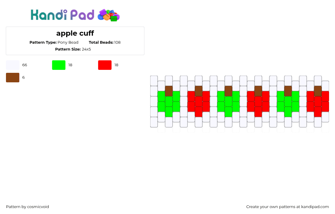 apple cuff - Pony Bead Pattern by cosmicvoid on Kandi Pad - apples,fruit,repeating,cuff,green,red,white