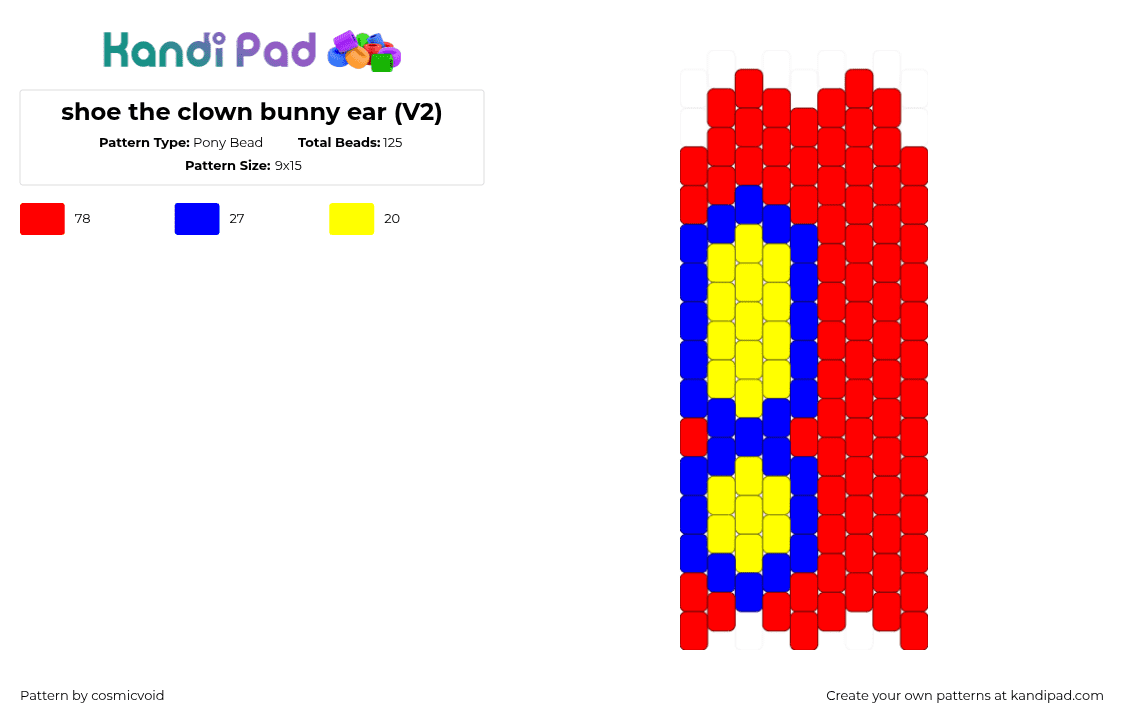 shoe the clown bunny ear (V2) - Pony Bead Pattern by cosmicvoid on Kandi Pad - red