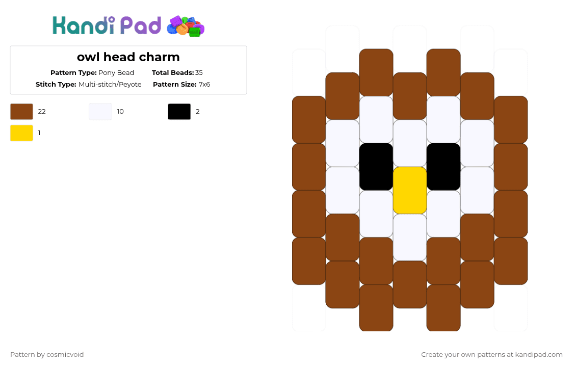 owl head charm - Pony Bead Pattern by cosmicvoid on Kandi Pad - red,charm,small,bird,owl,animal,simple