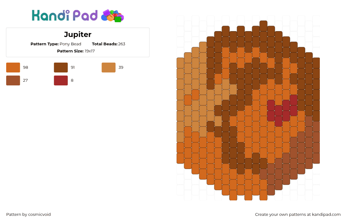 Jupiter - Pony Bead Pattern by cosmicvoid on Kandi Pad - jupiter,planet,space,solar system,charm,orange,tan,brown