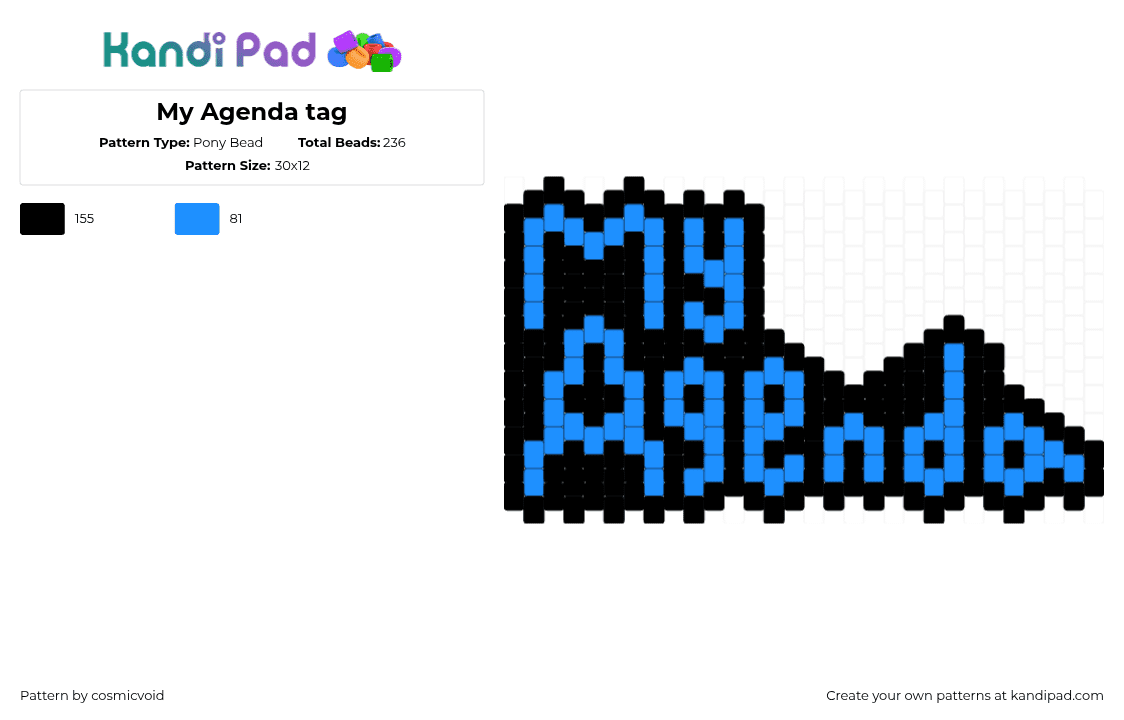 My Agenda tag - Pony Bead Pattern by cosmicvoid on Kandi Pad - light blue,black,dorian electra