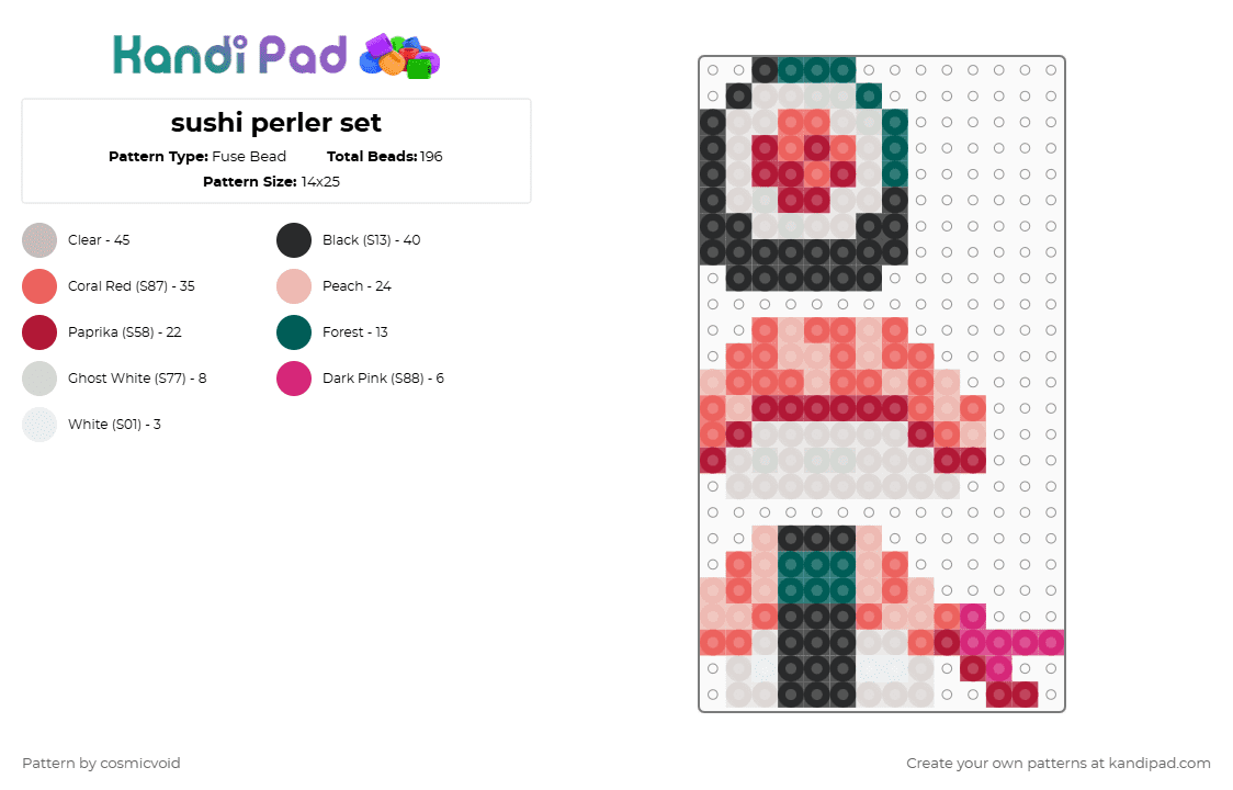 sushi perler set - Fuse Bead Pattern by cosmicvoid on Kandi Pad - red,beige