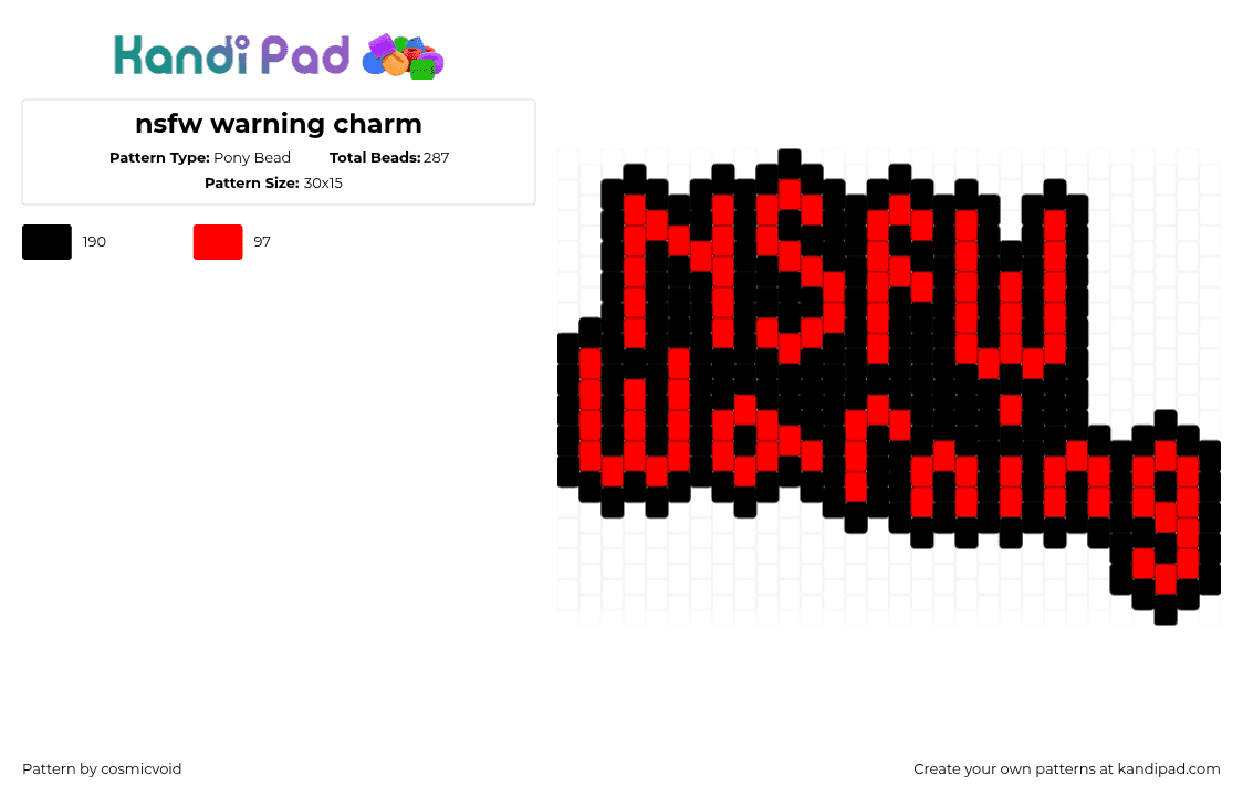 nsfw warning charm - Pony Bead Pattern by cosmicvoid on Kandi Pad - nsfw warning,text,sign,charm,black,red