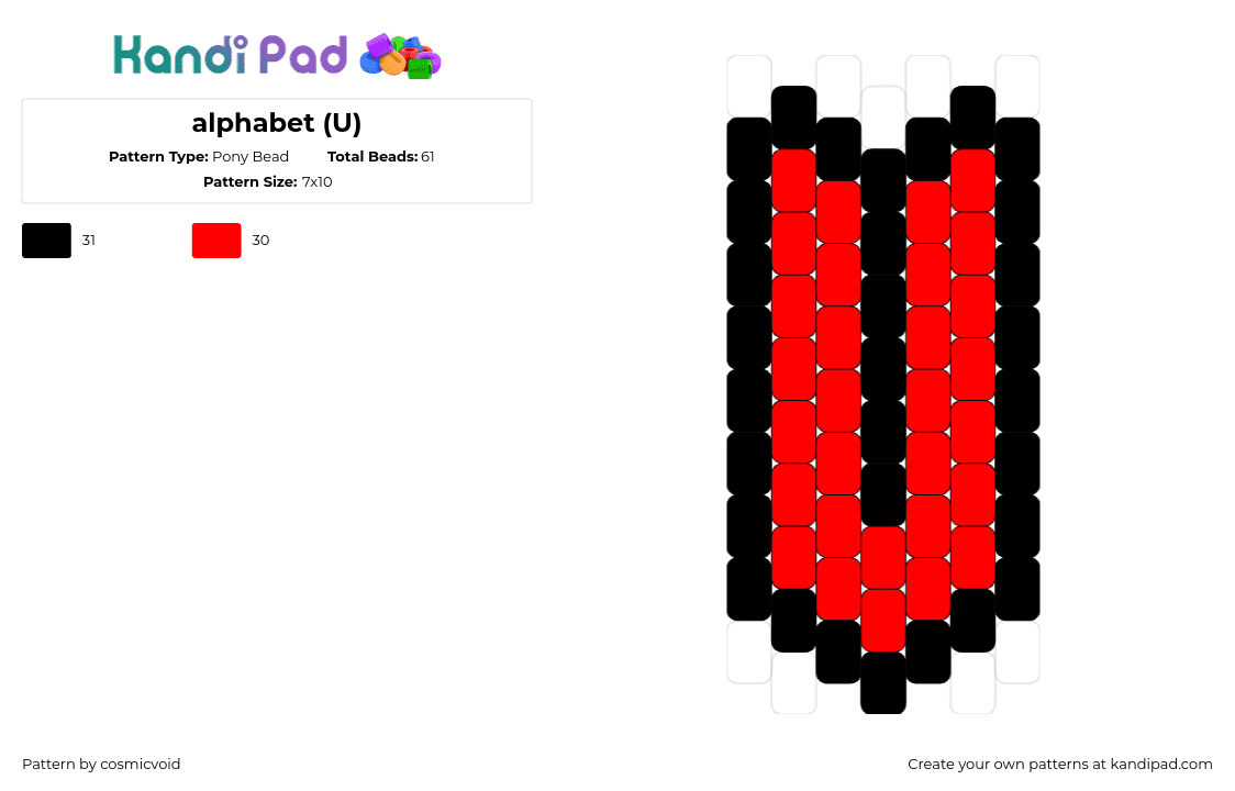 alphabet (U) - Pony Bead Pattern by cosmicvoid on Kandi Pad - u,alphabet,letter,text,charm,red,black