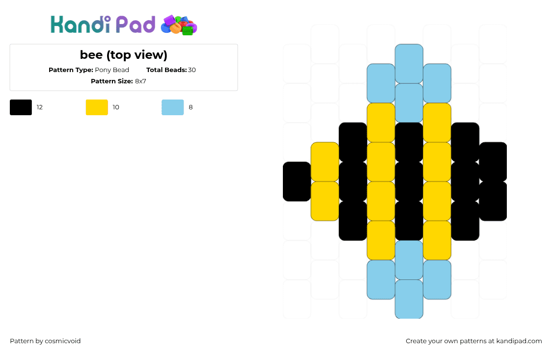 bee (top view) - Pony Bead Pattern by cosmicvoid on Kandi Pad - bee,insect,winged,stripes,animal,simple,charm,yellow,black,light blue