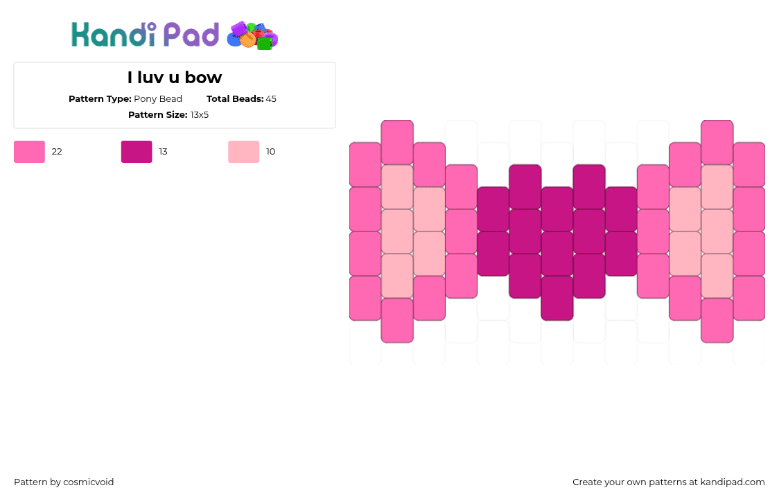 I luv u bow - Pony Bead Pattern by cosmicvoid on Kandi Pad - bow,bowtie,tie,heart,clothing,pink