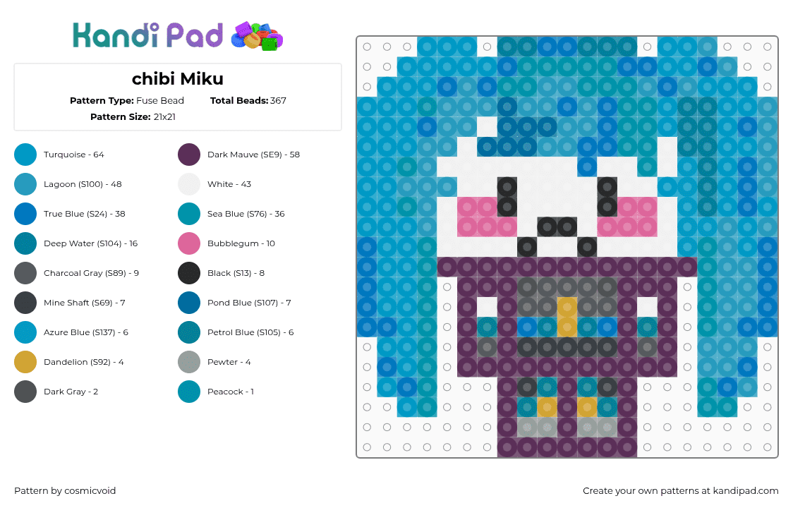 chibi Miku - Fuse Bead Pattern by cosmicvoid on Kandi Pad - light blue,teal,pink