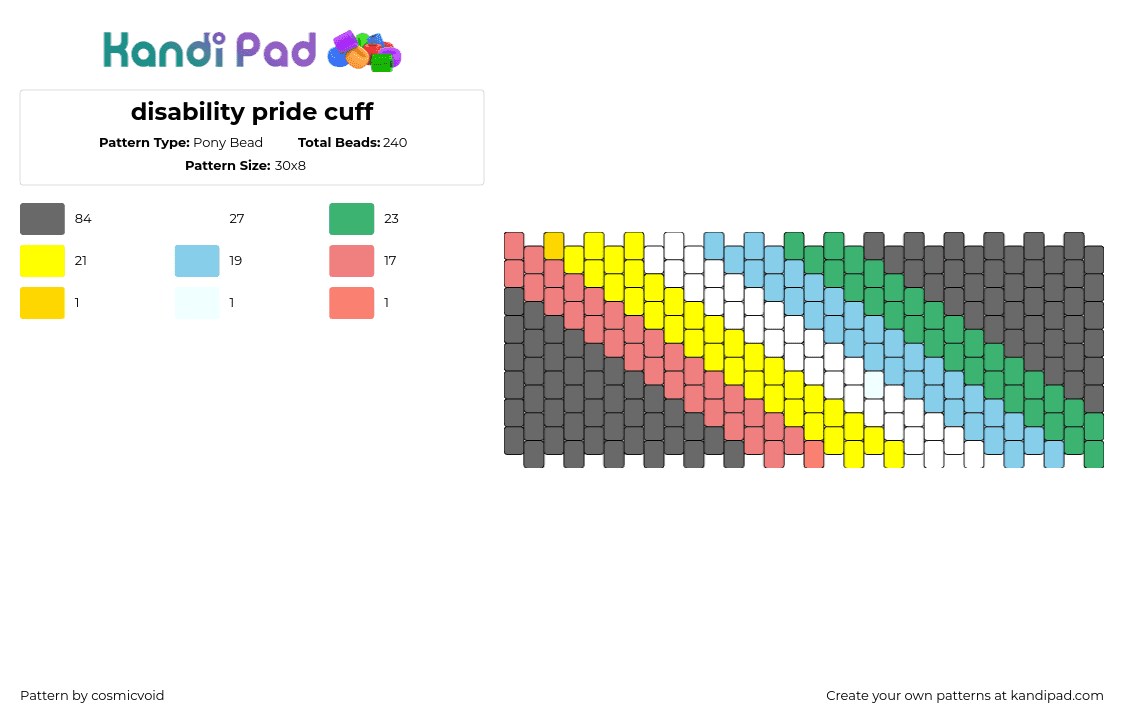 disability pride cuff - Pony Bead Pattern by cosmicvoid on Kandi Pad - disability,pride,diagonal,stripes,colorful,cuff,gray,red,yellow,green,light blue