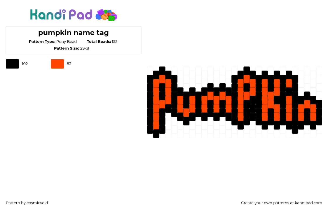 pumpkin name tag - Pony Bead Pattern by cosmicvoid on Kandi Pad - pumpkin,text,charm,orange,black