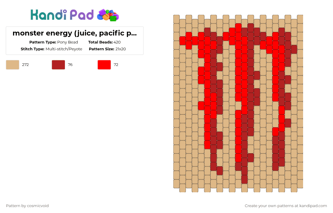 monster energy (juice, pacific punch) logo bag - Pony Bead Pattern by cosmicvoid on Kandi Pad - red,beige